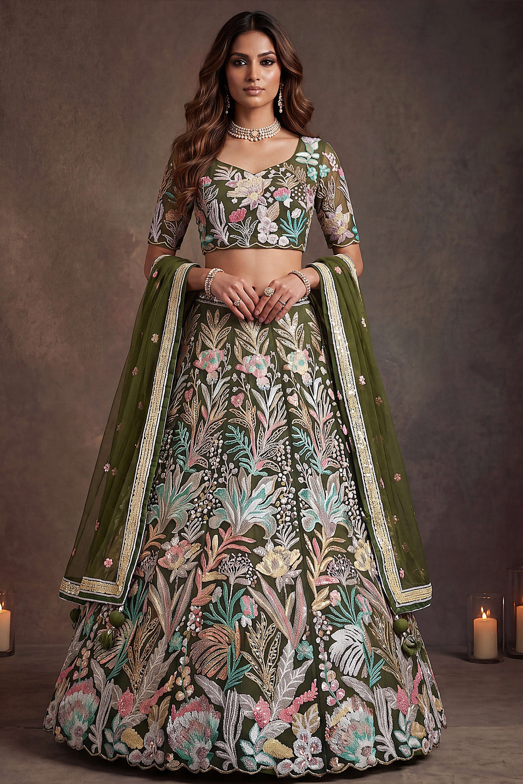 Olive Green sangeet lehenga, close-up of the lehenga skirt embroidery and sequin work, featuring thread and sequins embroidery work on net fabric.