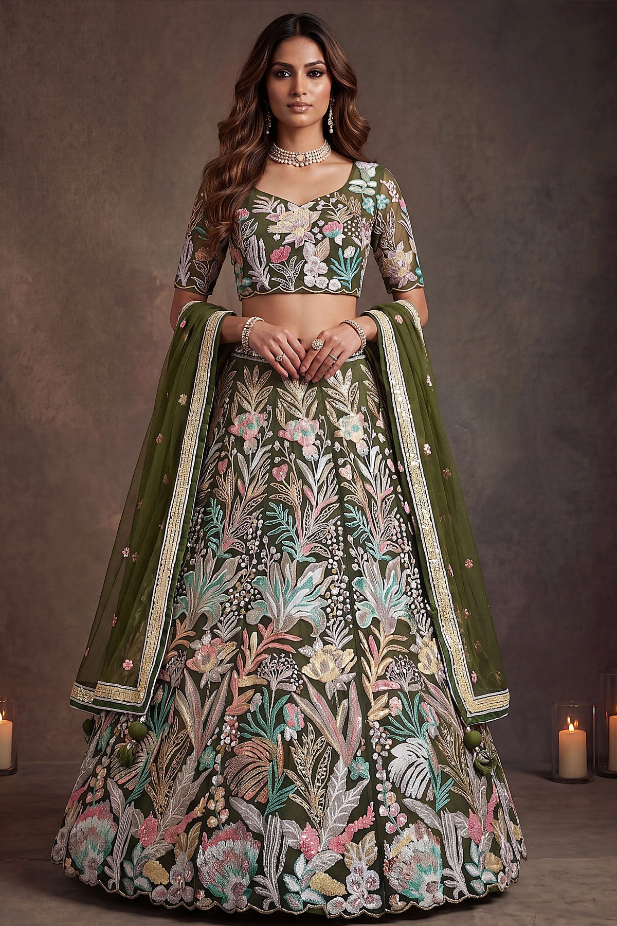Olive Green sangeet lehenga, close-up of the lehenga skirt embroidery and sequin work, featuring thread and sequins embroidery work on net fabric.