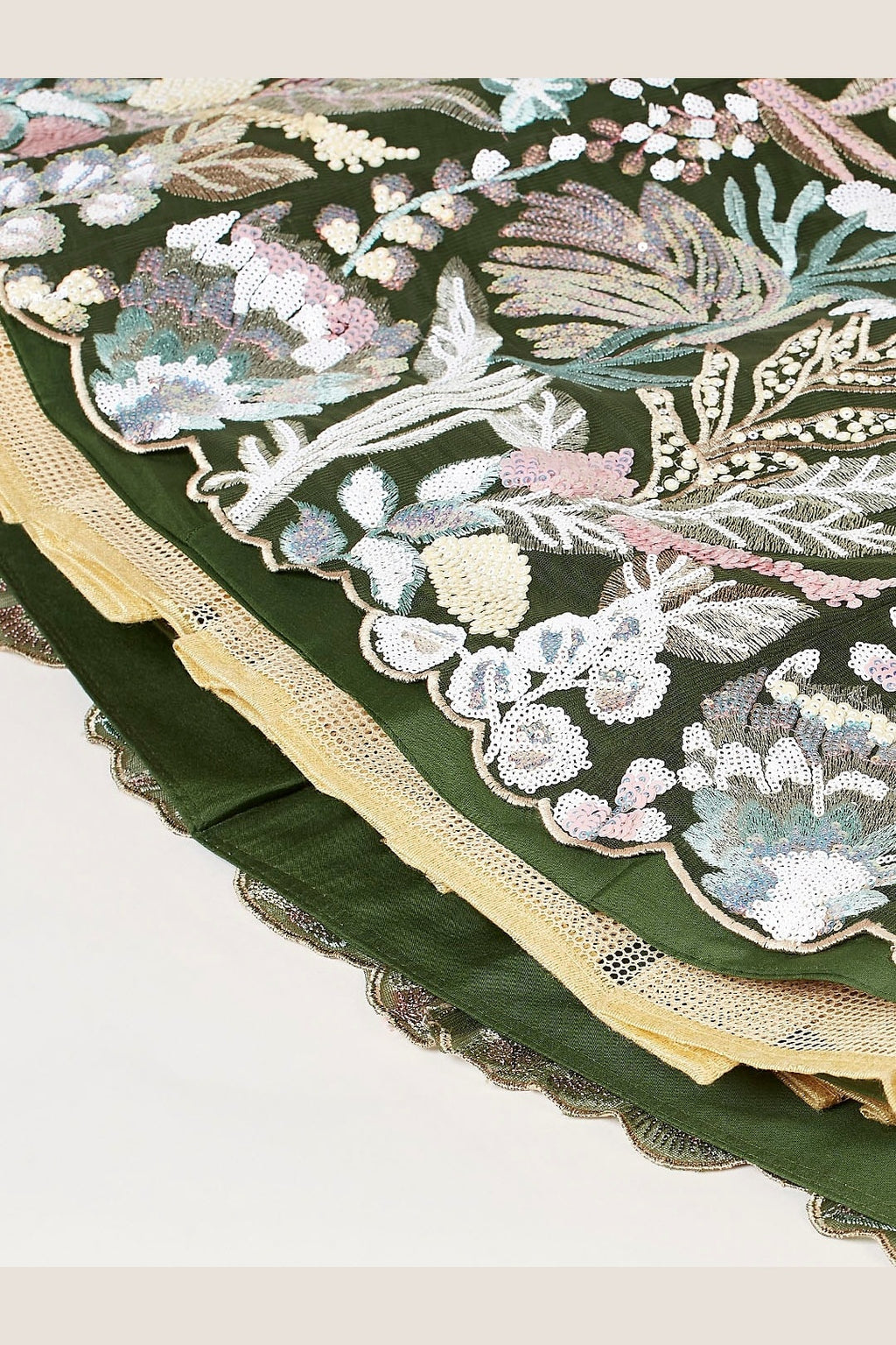 Olive Green sangeet lehenga, close-up of the lehenga border and hem work, featuring thread and sequins embroidery work on net fabric.