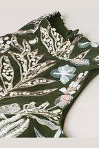 Olive Green embroidered lehenga, full length view of the lehenga choli set, featuring thread and sequins embroidery work on net fabric.