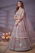 Dusty Rose bridesmaid lehenga, close-up of the lehenga skirt embroidery and sequin work, featuring thread and sequins embroidery work on net fabric.