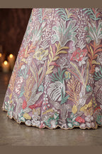 Dusty Rose bridesmaid lehenga, close-up of the lehenga border and hem work, featuring thread and sequins embroidery work on net fabric.