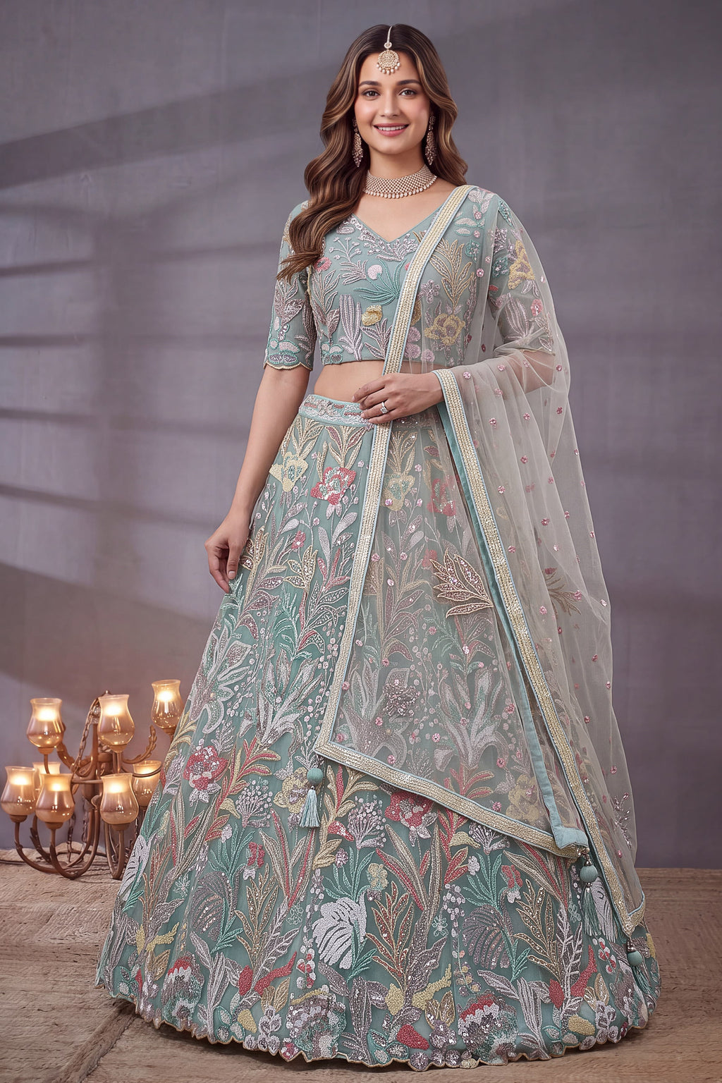 Sky Blue lehenga choli for wedding, shown in a full front view, featuring thread and sequins embroidery work on net fabric.