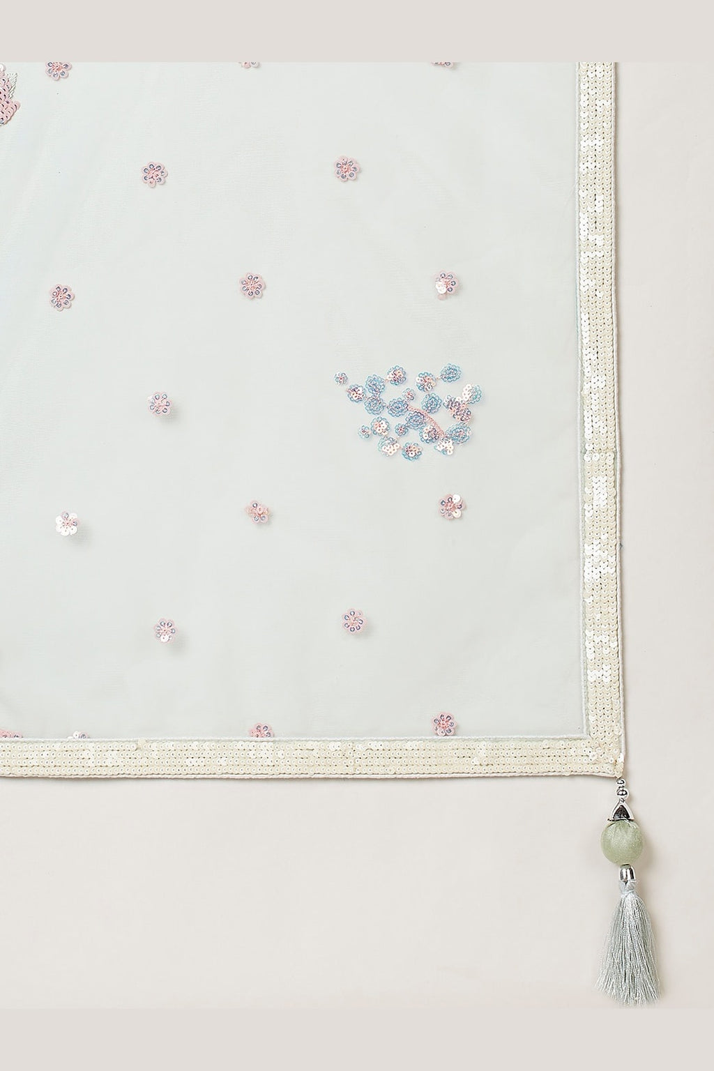 Sky Blue lehenga for diwali, close-up of the blouse and choli embroidery detailing, featuring thread and sequins embroidery work on net fabric.