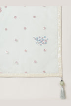 Sky Blue lehenga for diwali, close-up of the blouse and choli embroidery detailing, featuring thread and sequins embroidery work on net fabric.