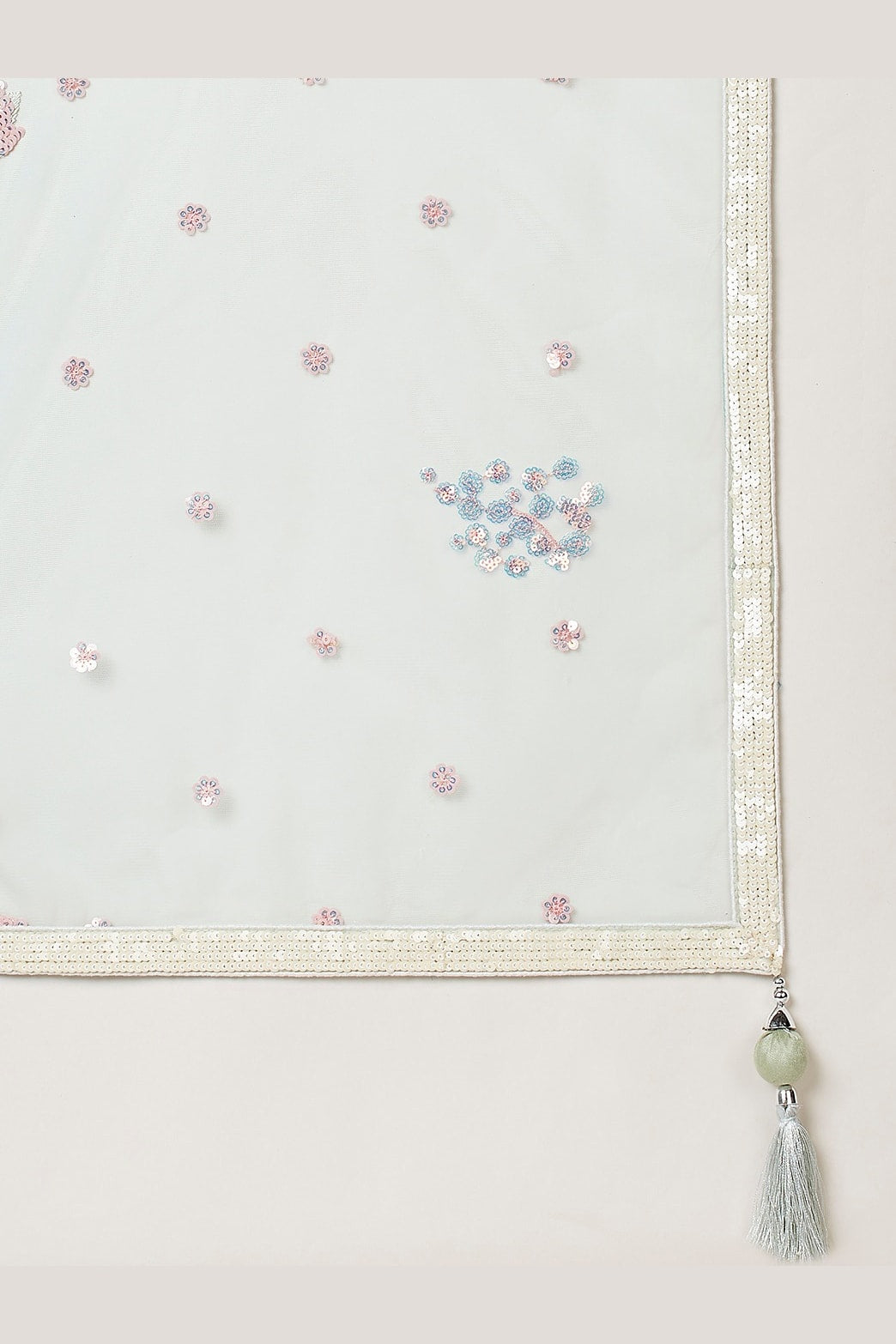 Sky Blue lehenga for diwali, close-up of the blouse and choli embroidery detailing, featuring thread and sequins embroidery work on net fabric.