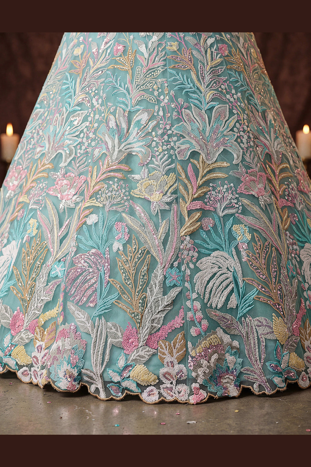 Sky Blue sequin lehenga, close-up of the lehenga border and hem work, featuring thread and sequins embroidery work on net fabric.