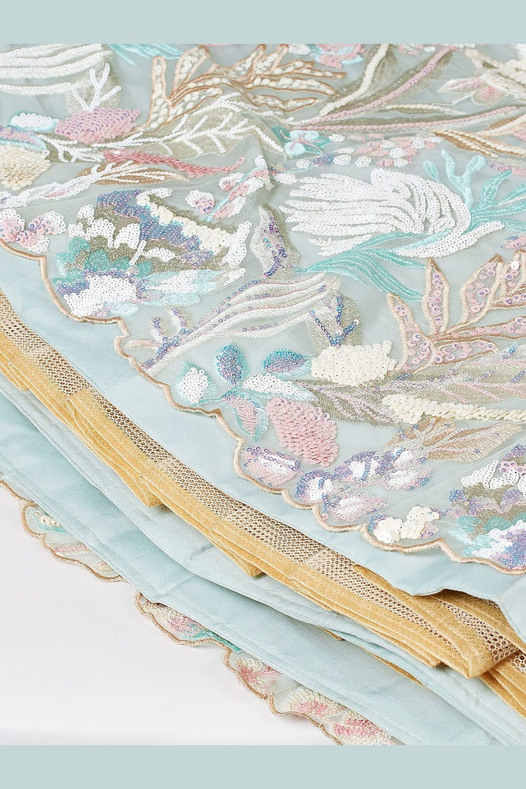 Sky Blue sequin lehenga, detail of the sequin and thread work on the net lehenga, featuring thread and sequins embroidery work on net fabric.