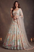 Beige Cream bridesmaid lehenga, shown in a full front view, featuring thread and sequins embroidery work on net fabric.