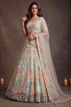 Beige Cream bridesmaid lehenga, shown in a full front view, featuring thread and sequins embroidery work on net fabric.