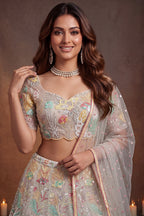 Beige Cream engagement lehenga, close-up of the blouse and choli embroidery detailing, featuring thread and sequins embroidery work on net fabric.