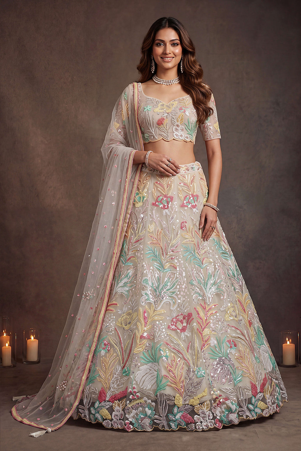 Beige Cream lehenga for diwali, close-up of the lehenga skirt embroidery and sequin work, featuring thread and sequins embroidery work on net fabric.