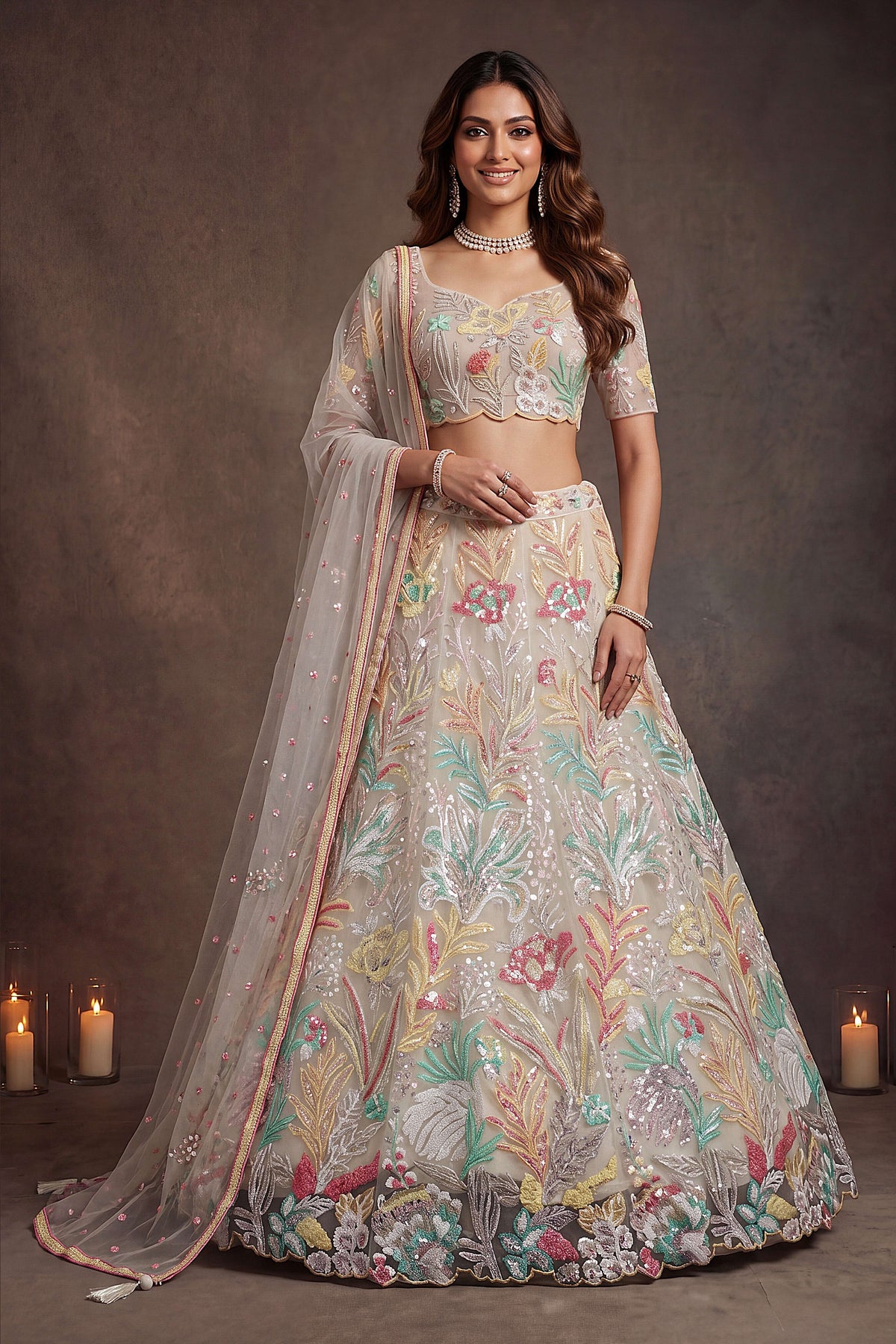 Beige Cream lehenga for diwali, close-up of the lehenga skirt embroidery and sequin work, featuring thread and sequins embroidery work on net fabric.