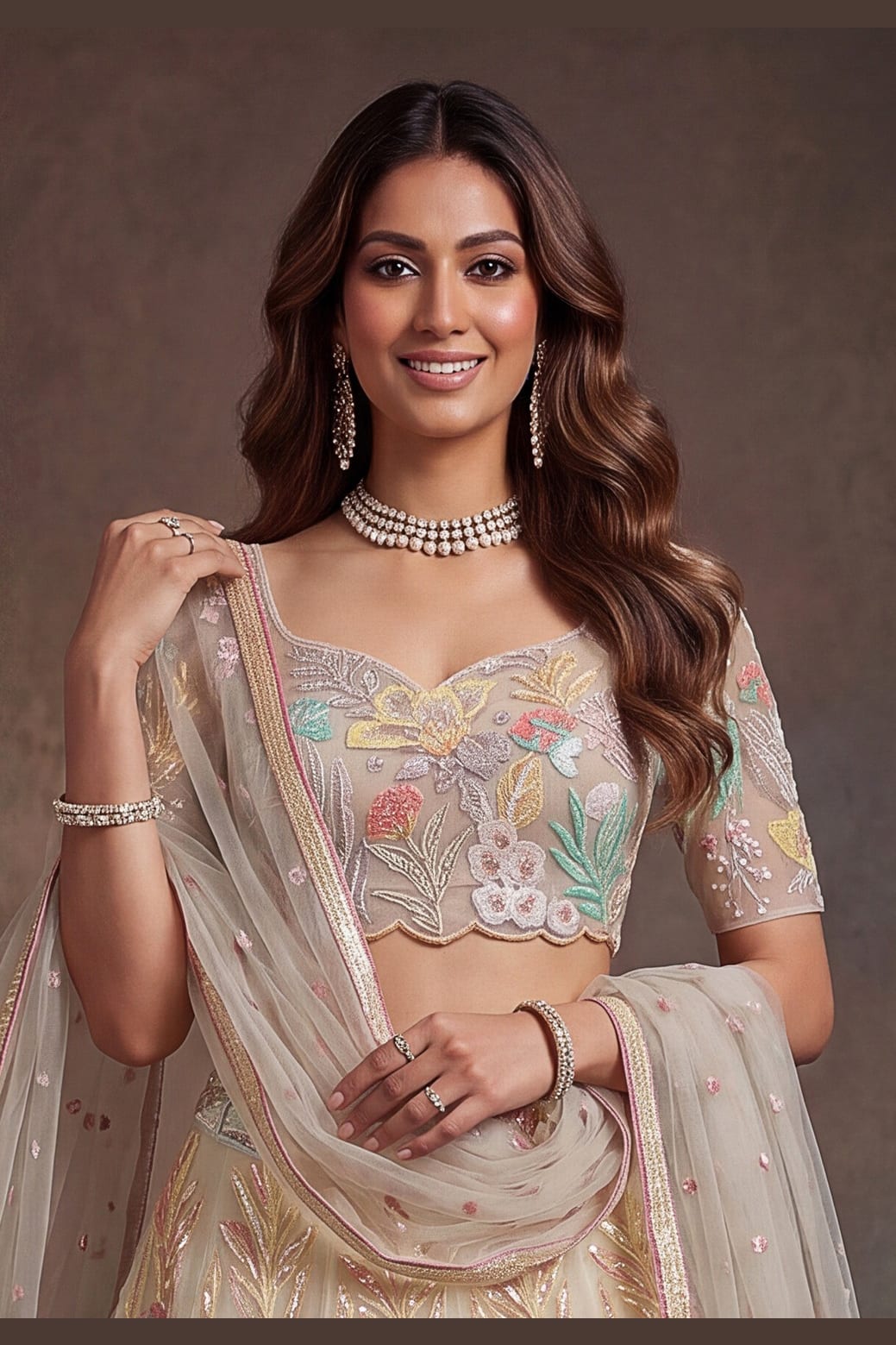 Beige Cream engagement lehenga, detail view of the thread and sequins embroidery on net fabric, featuring thread and sequins embroidery work on net fabric.