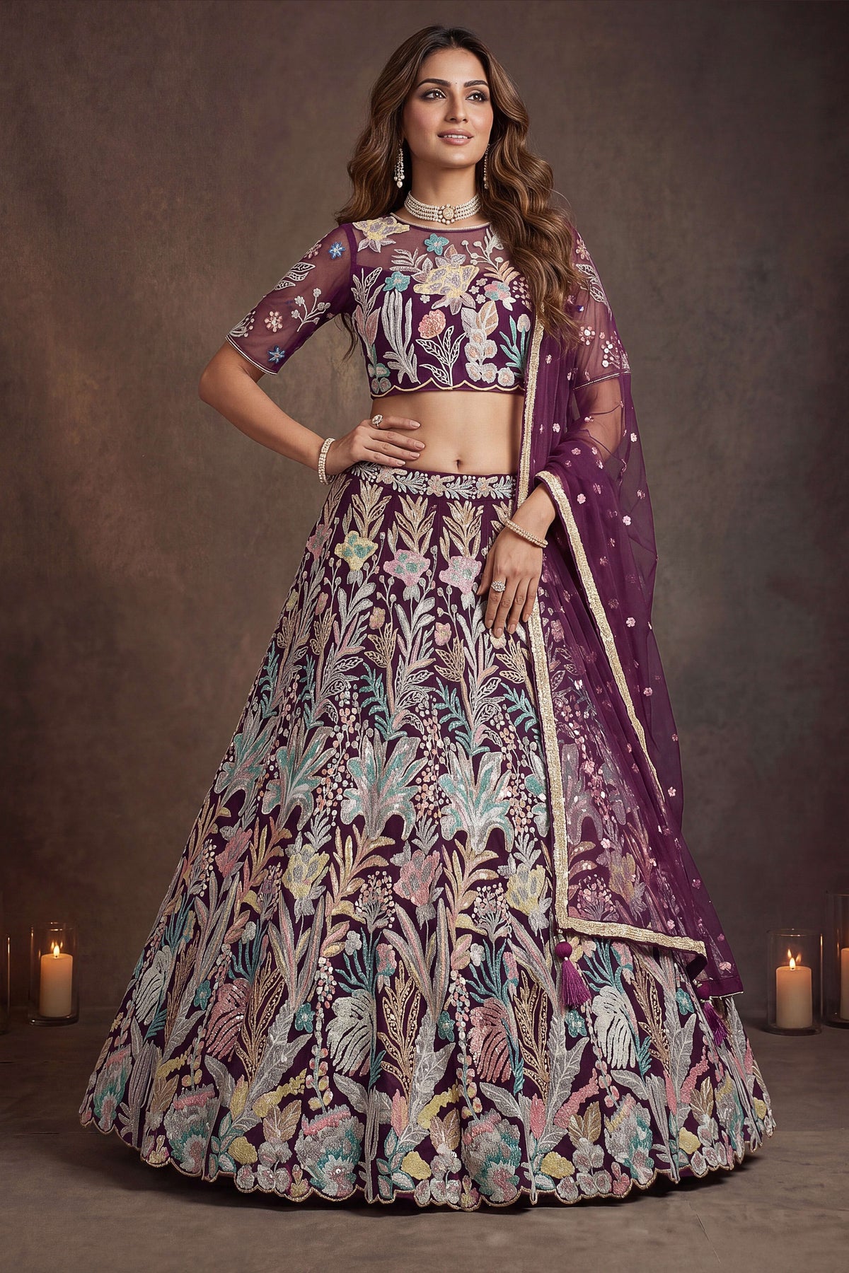 Wine Purple reception lehenga, shown in a full front view, featuring thread and sequins embroidery work on net fabric.
