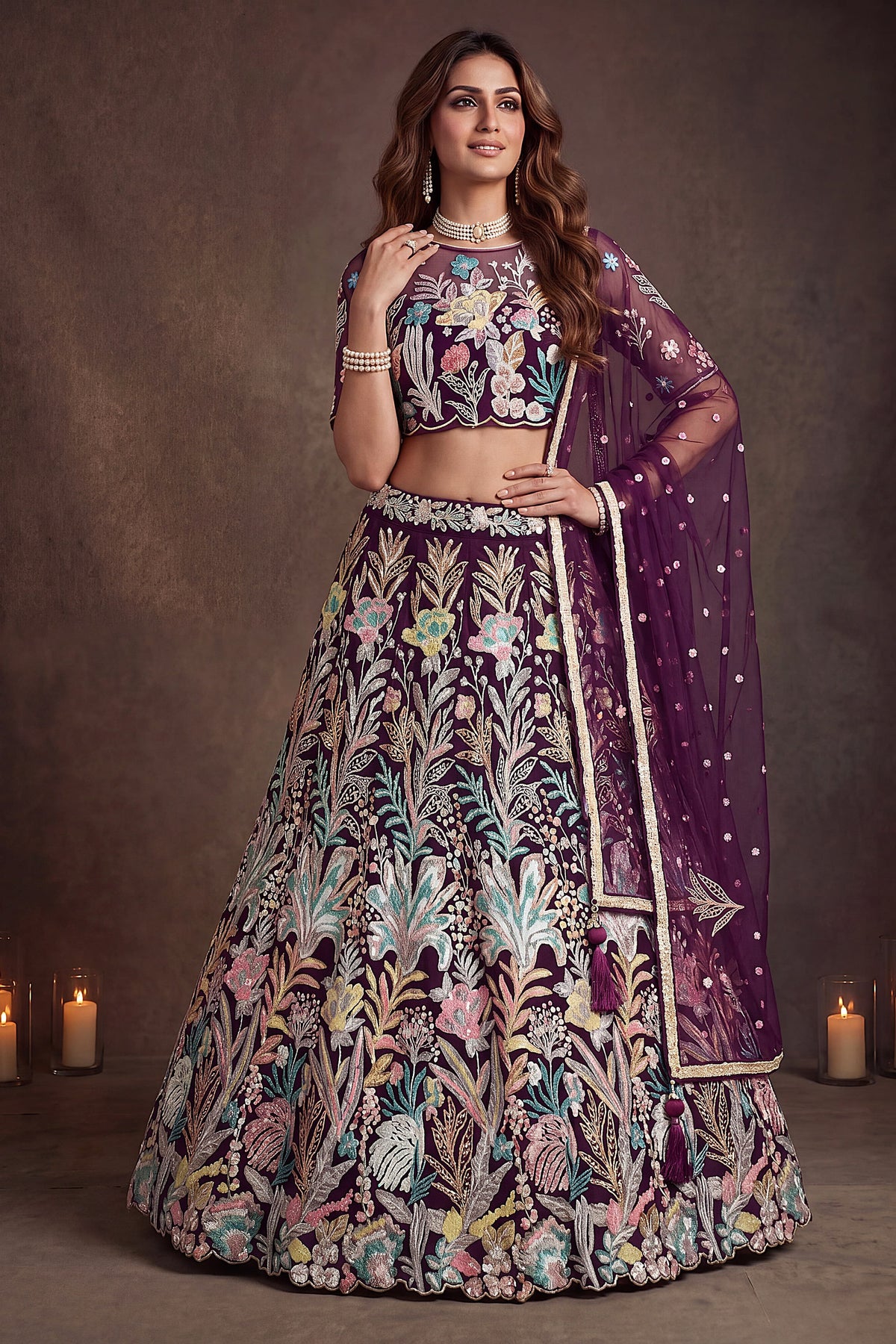 Wine Purple embroidered lehenga, shown from the back view displaying the backside embroidery work, featuring thread and sequins embroidery work on net fabric.