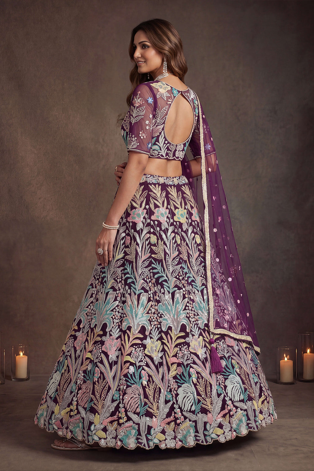 Wine Purple indian wedding lehenga, detail view of the thread and sequins embroidery on net fabric, featuring thread and sequins embroidery work on net fabric.