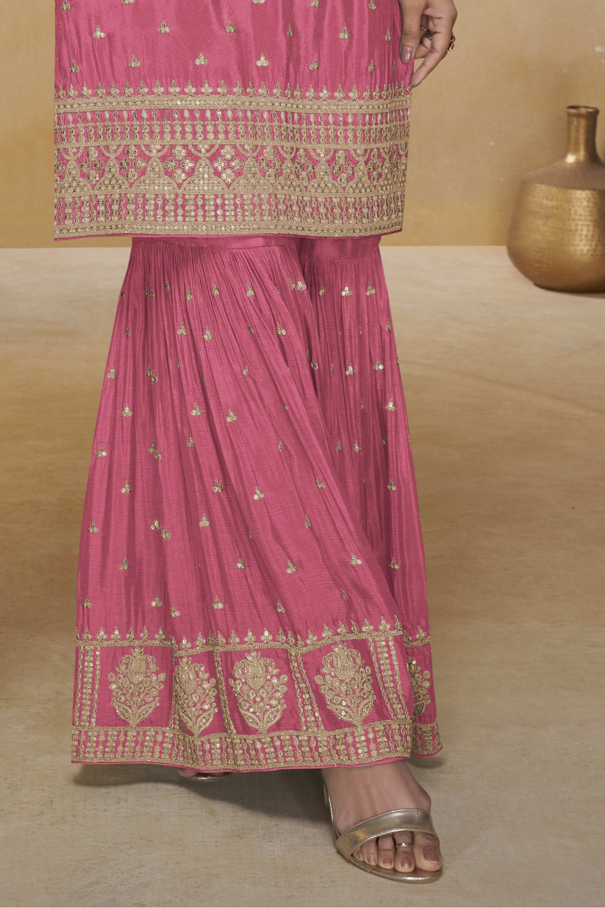 Pink Chinon Silk Sharara Suit for Wedding with Thread & Sequins Embroidery