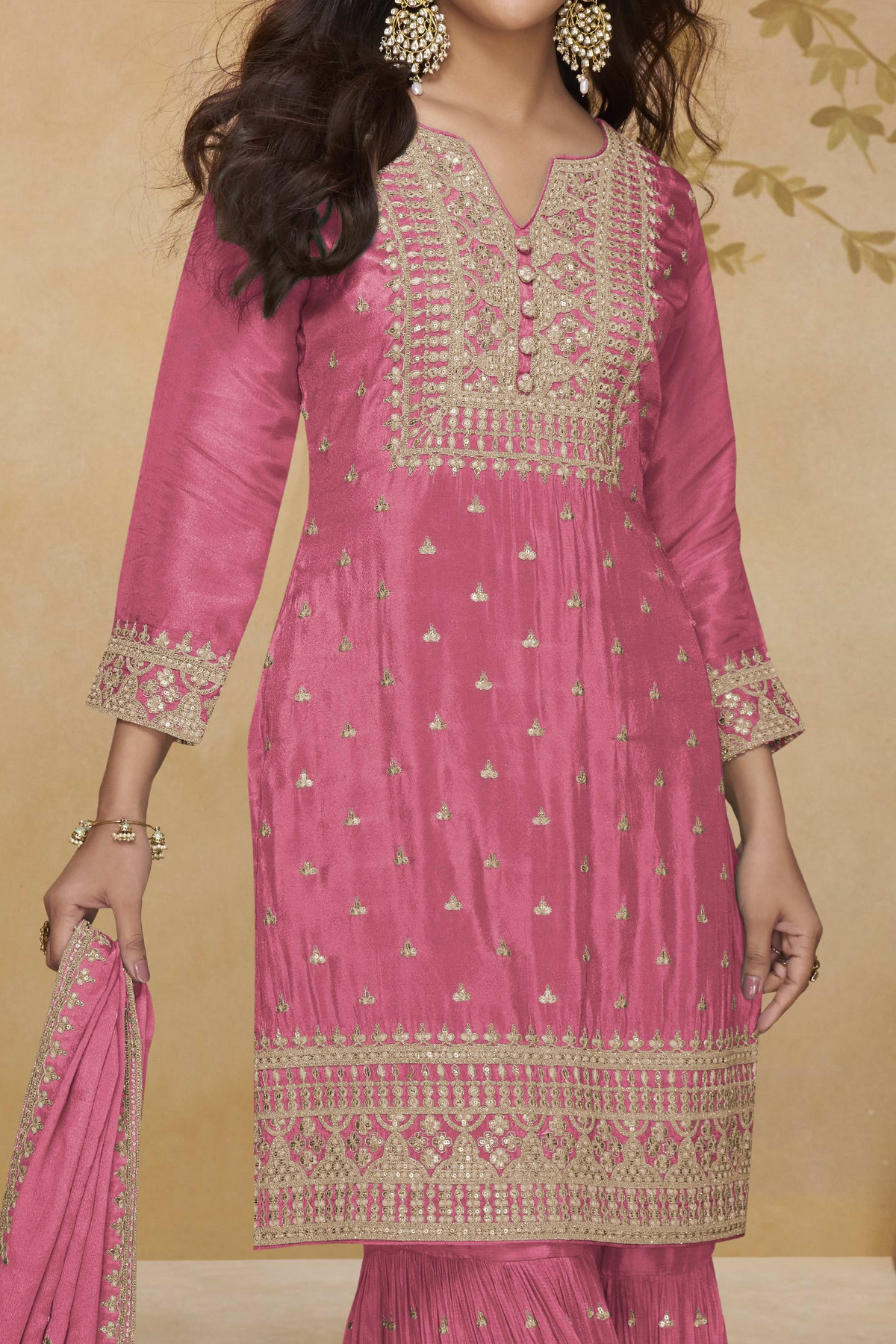 Pink Chinon Silk Sharara Suit for Wedding with Thread & Sequins Embroidery