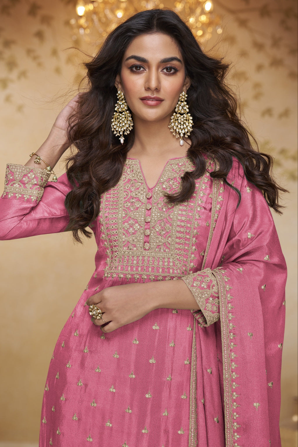 Pink Chinon Silk Sharara Suit for Wedding with Thread & Sequins Embroidery