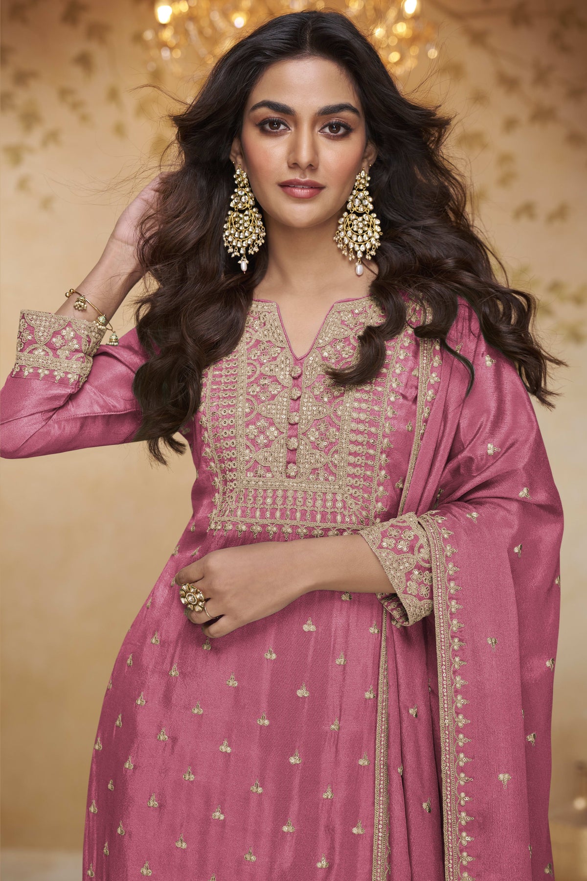 Pink Chinon Silk Sharara Suit for Wedding with Thread & Sequins Embroidery