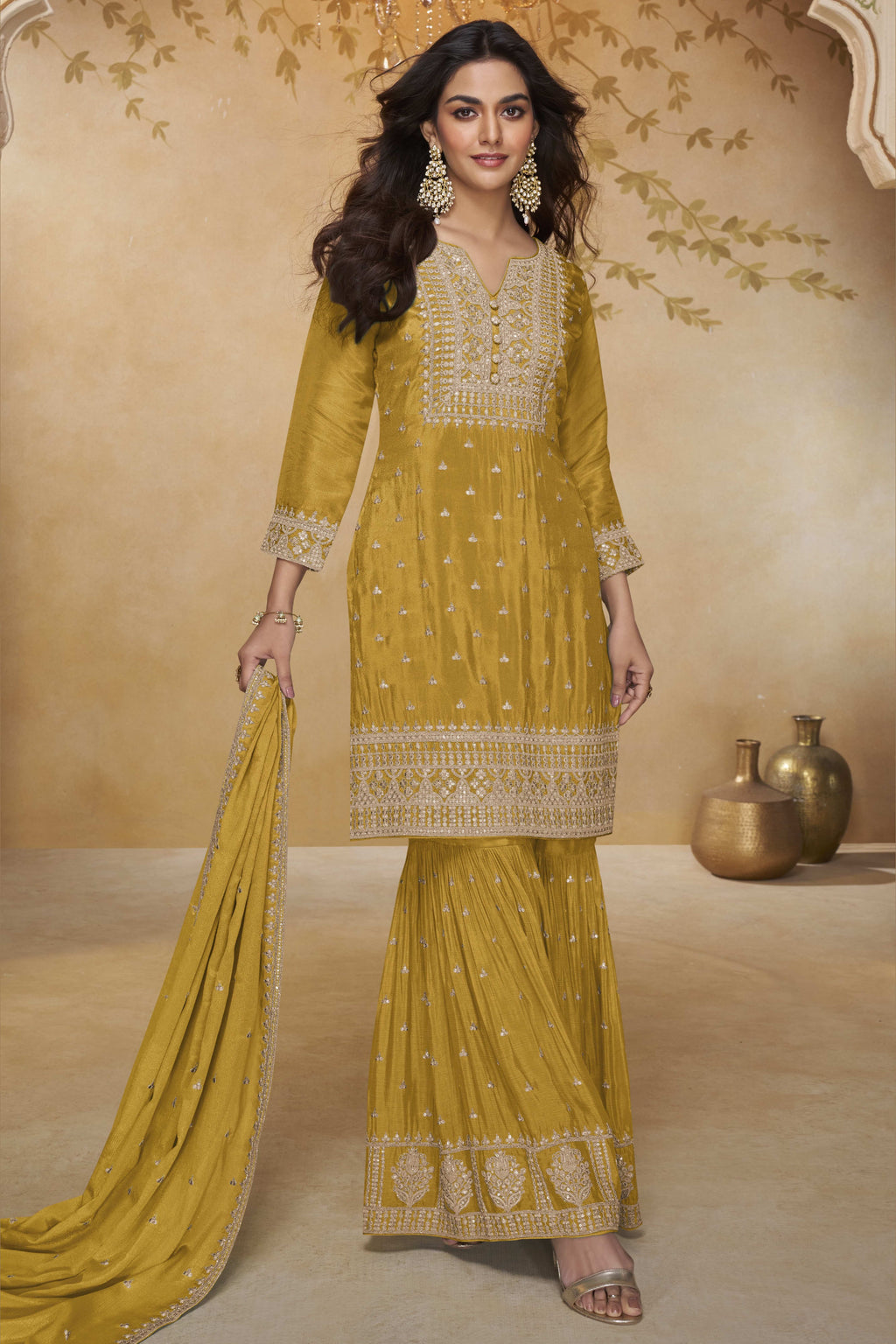 Mustard Yellow Embroidered Sharara Suit for Haldi