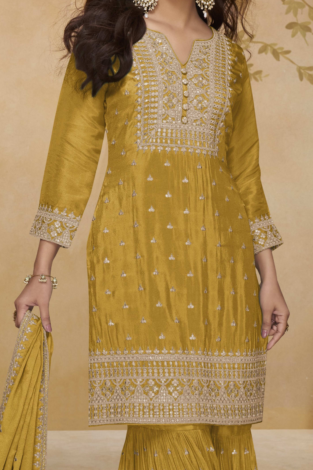 Mustard Yellow Embroidered Sharara Suit for Haldi