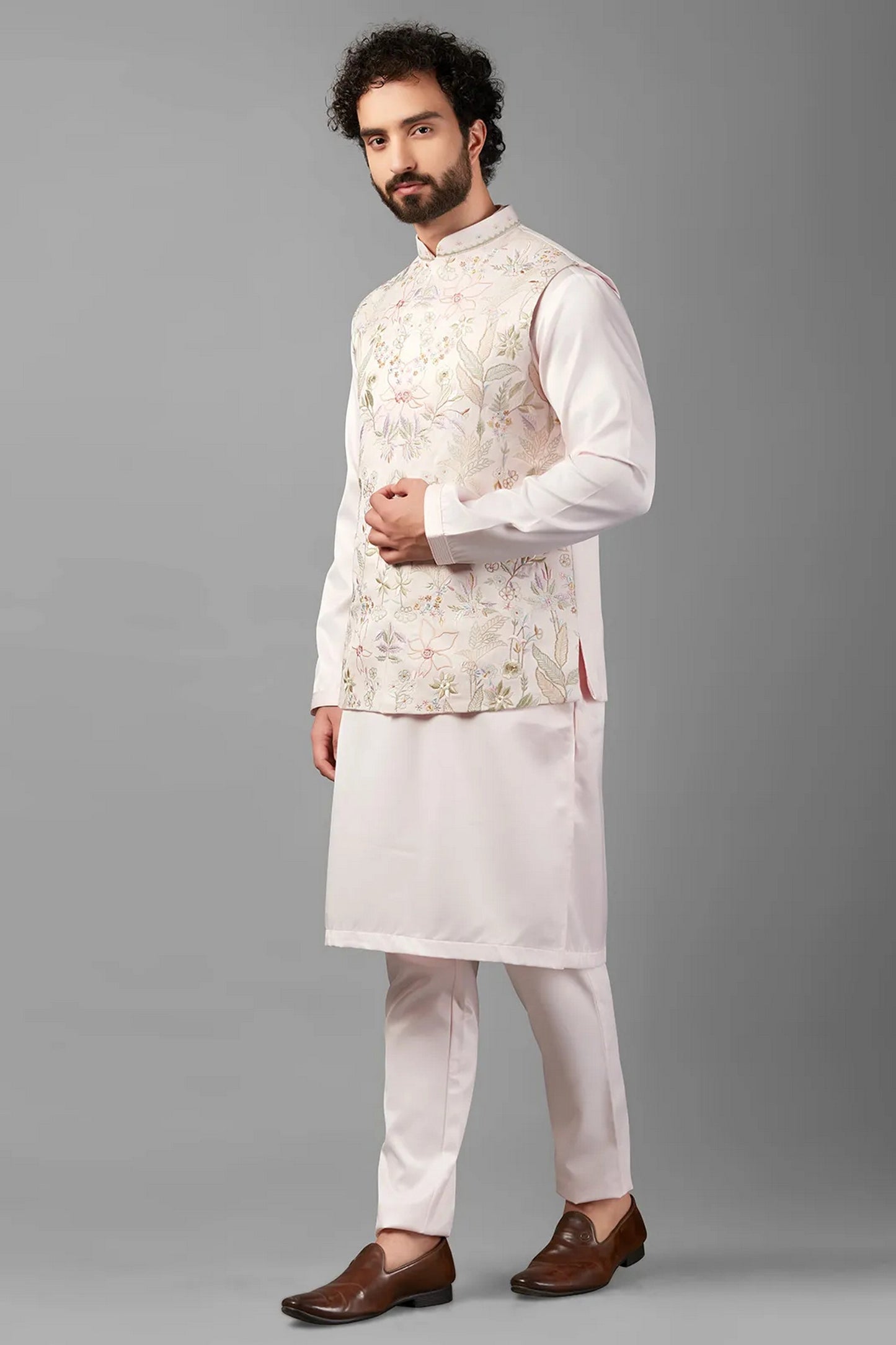 Light Pink Silk Men's Wedding Suit Waistcoat with Kurta & Pant - Embroidery Work