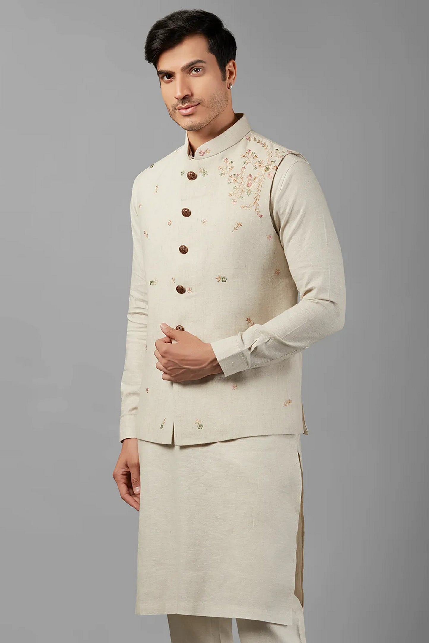 Cream Linen Men's Wedding Suit Kurta with Waistcoat & Pant - Embroidery Work