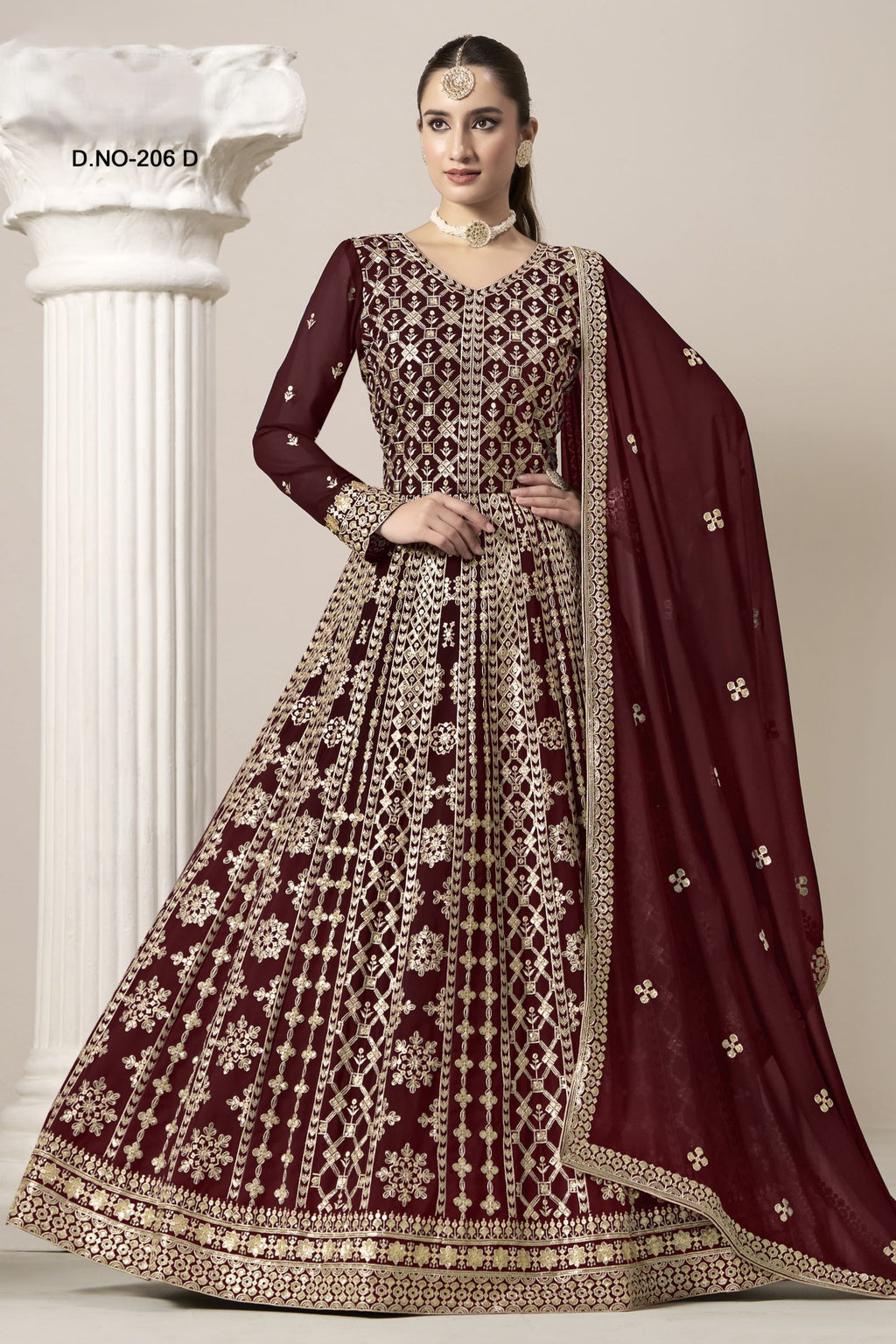Maroon Georgette Anarkali Suit For Indian & Pakistani Wedding Festival - Embroidery Work