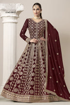 Maroon Georgette Anarkali Suit For Indian & Pakistani Wedding Festival - Embroidery Work