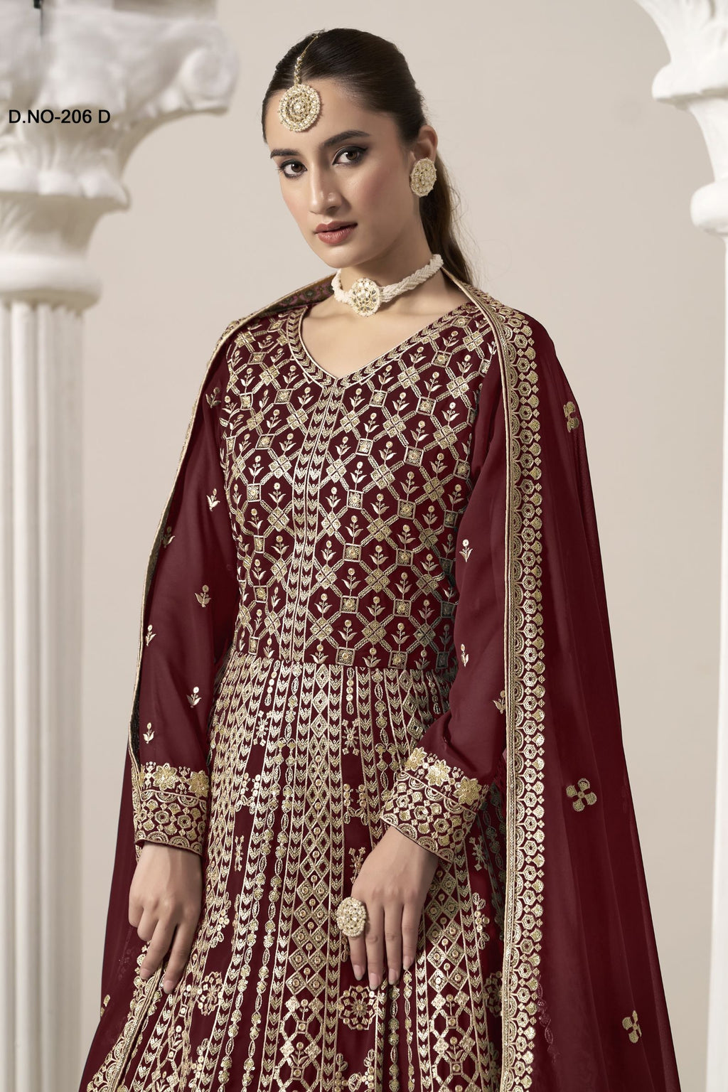Maroon Georgette Anarkali Suit For Indian & Pakistani Wedding Festival - Embroidery Work
