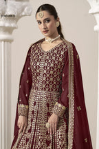Maroon Georgette Anarkali Suit For Indian & Pakistani Wedding Festival - Embroidery Work