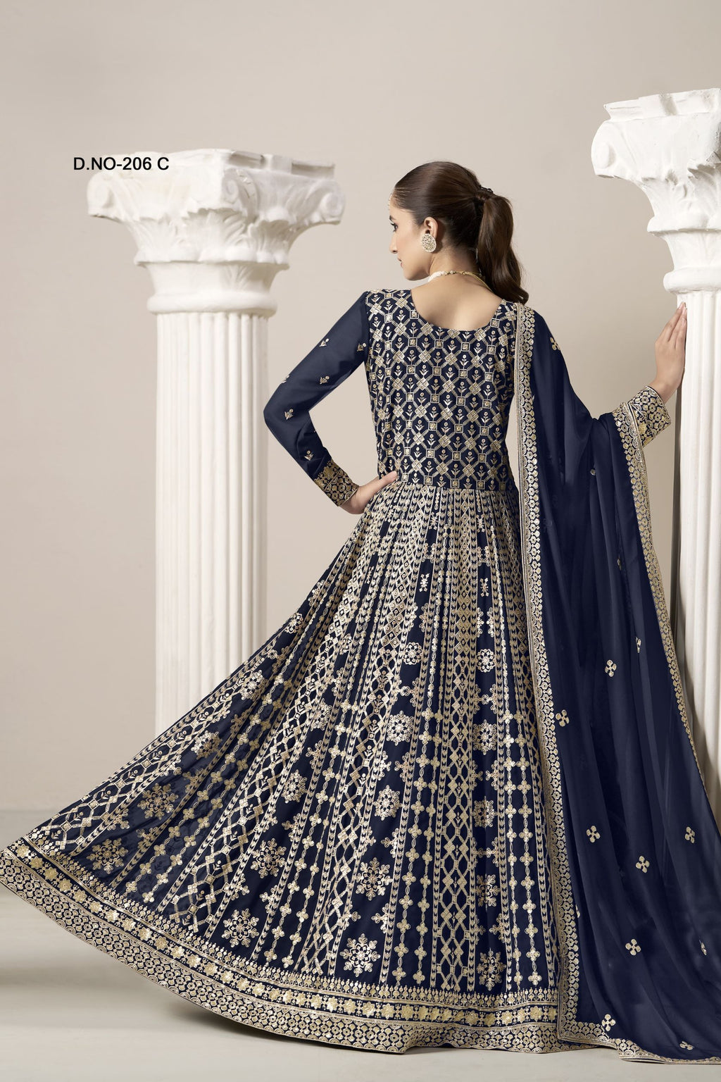 Navy Blue Georgette Anarkali Suit For Indian & Pakistani Wedding Festival - Embroidery Work