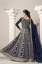 Navy Blue Georgette Anarkali Suit For Indian & Pakistani Wedding Festival - Embroidery Work