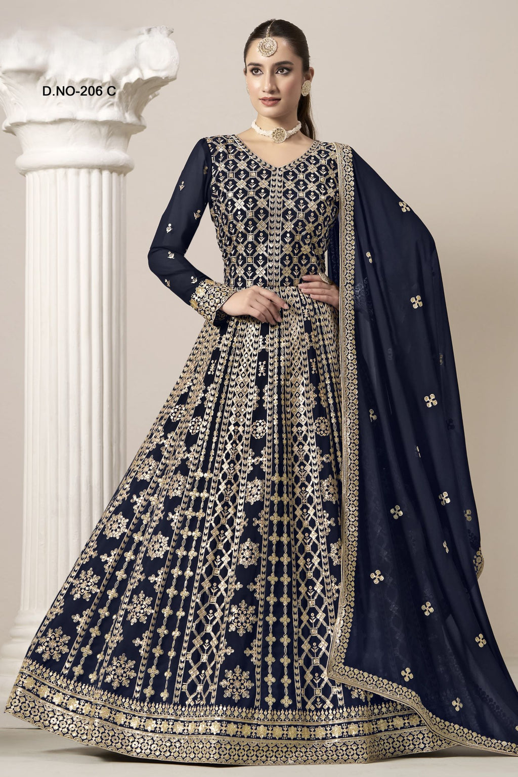 Navy Blue Georgette Anarkali Suit For Indian & Pakistani Wedding Festival - Embroidery Work