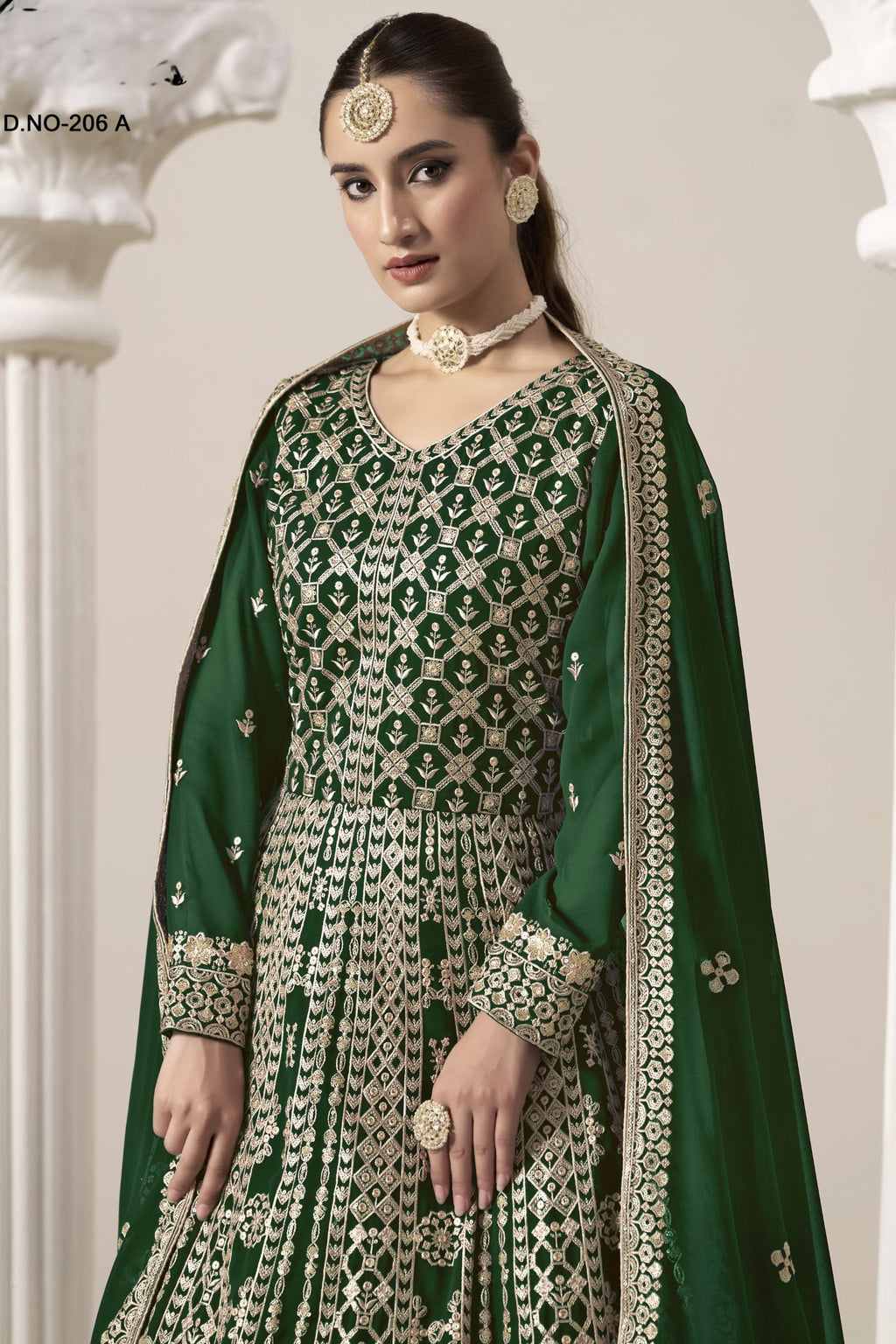 Green Georgette Anarkali Suit For Indian & Pakistani Wedding Festival - Embroidery Work