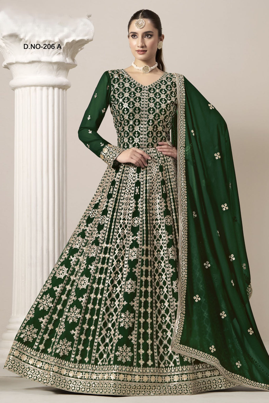 Green Georgette Anarkali Suit For Indian & Pakistani Wedding Festival - Embroidery Work