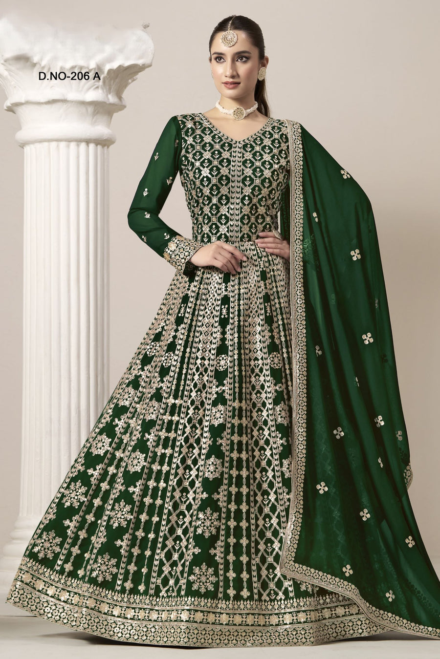 Green Georgette Anarkali Suit For Indian & Pakistani Wedding Festival - Embroidery Work