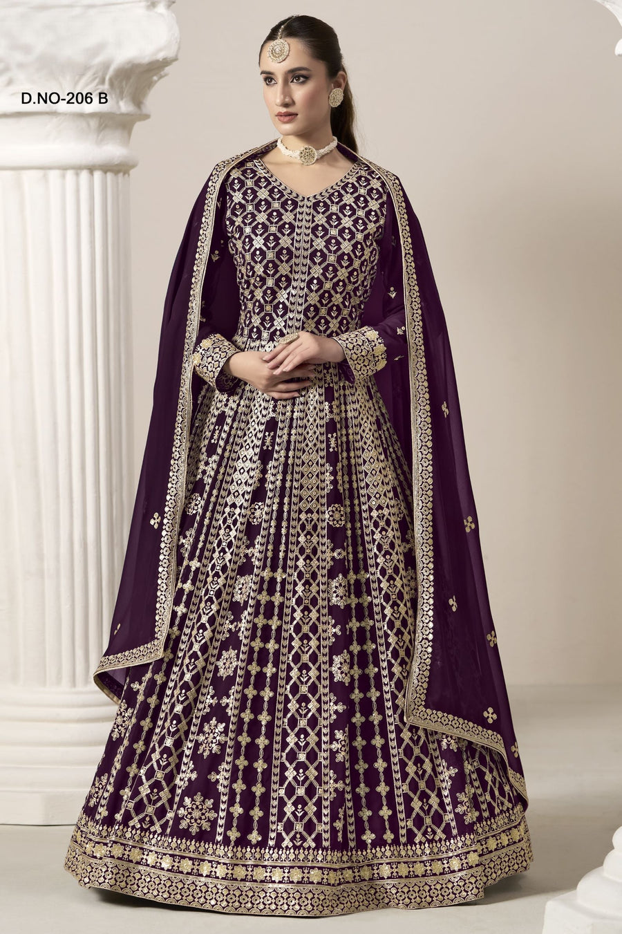 Purple Georgette Anarkali Suit For Indian & Pakistani Wedding Festival - Embroidery Work