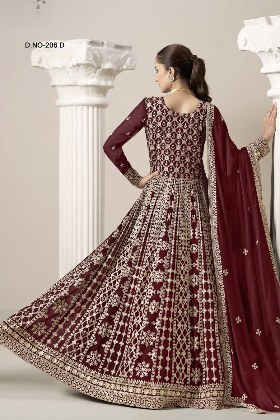 Maroon Georgette Anarkali Suit For Indian & Pakistani Wedding Festival - Embroidery Work