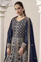 Navy Blue Georgette Anarkali Suit For Indian & Pakistani Wedding Festival - Embroidery Work