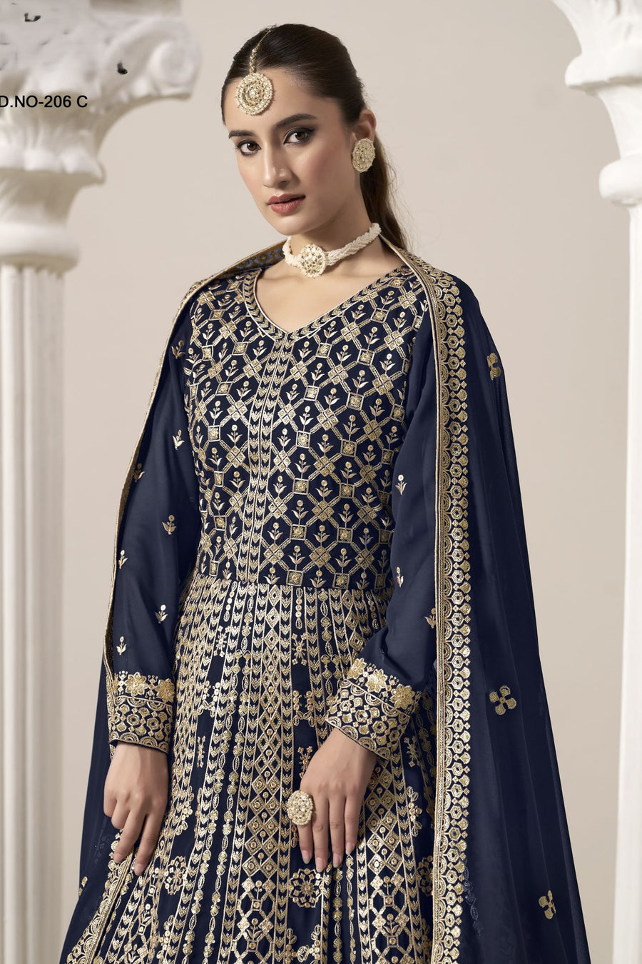 Navy Blue Georgette Anarkali Suit For Indian & Pakistani Wedding Festival - Embroidery Work