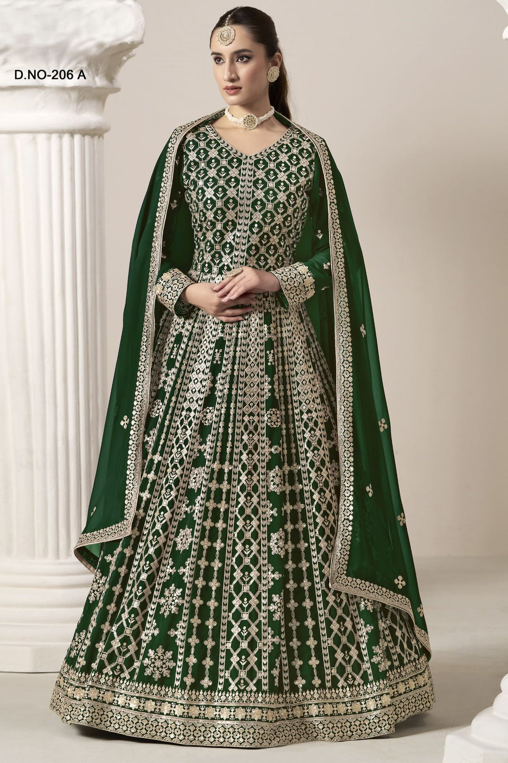 Green Georgette Anarkali Suit For Indian & Pakistani Wedding Festival - Embroidery Work