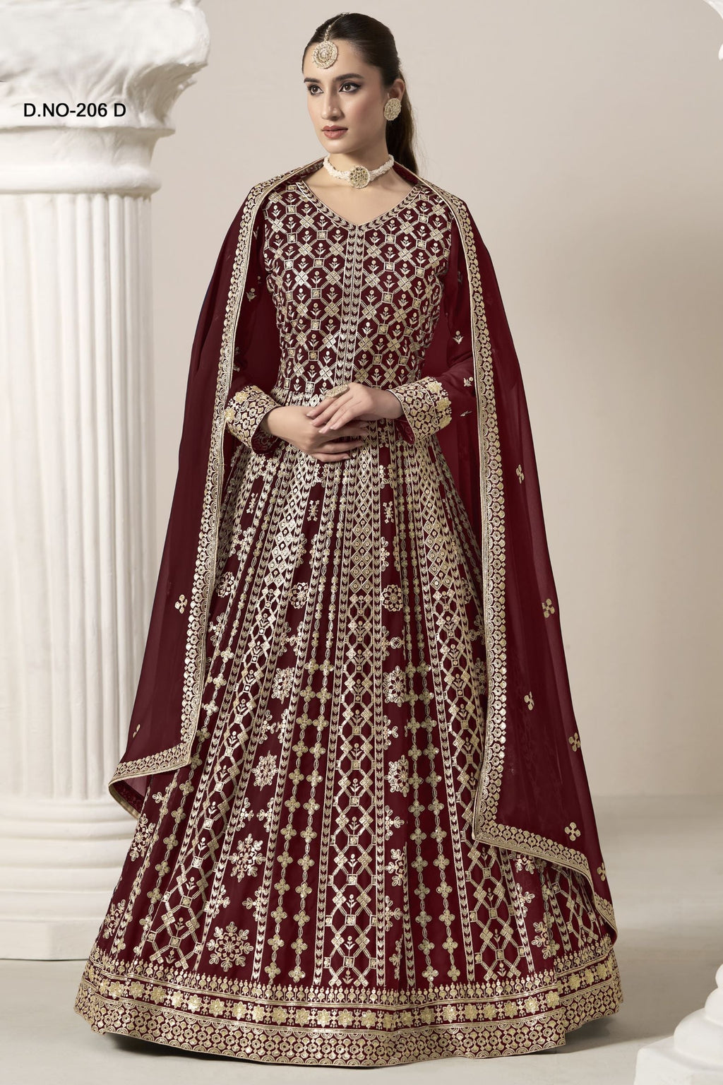 Maroon Georgette Anarkali Suit For Indian & Pakistani Wedding Festival - Embroidery Work