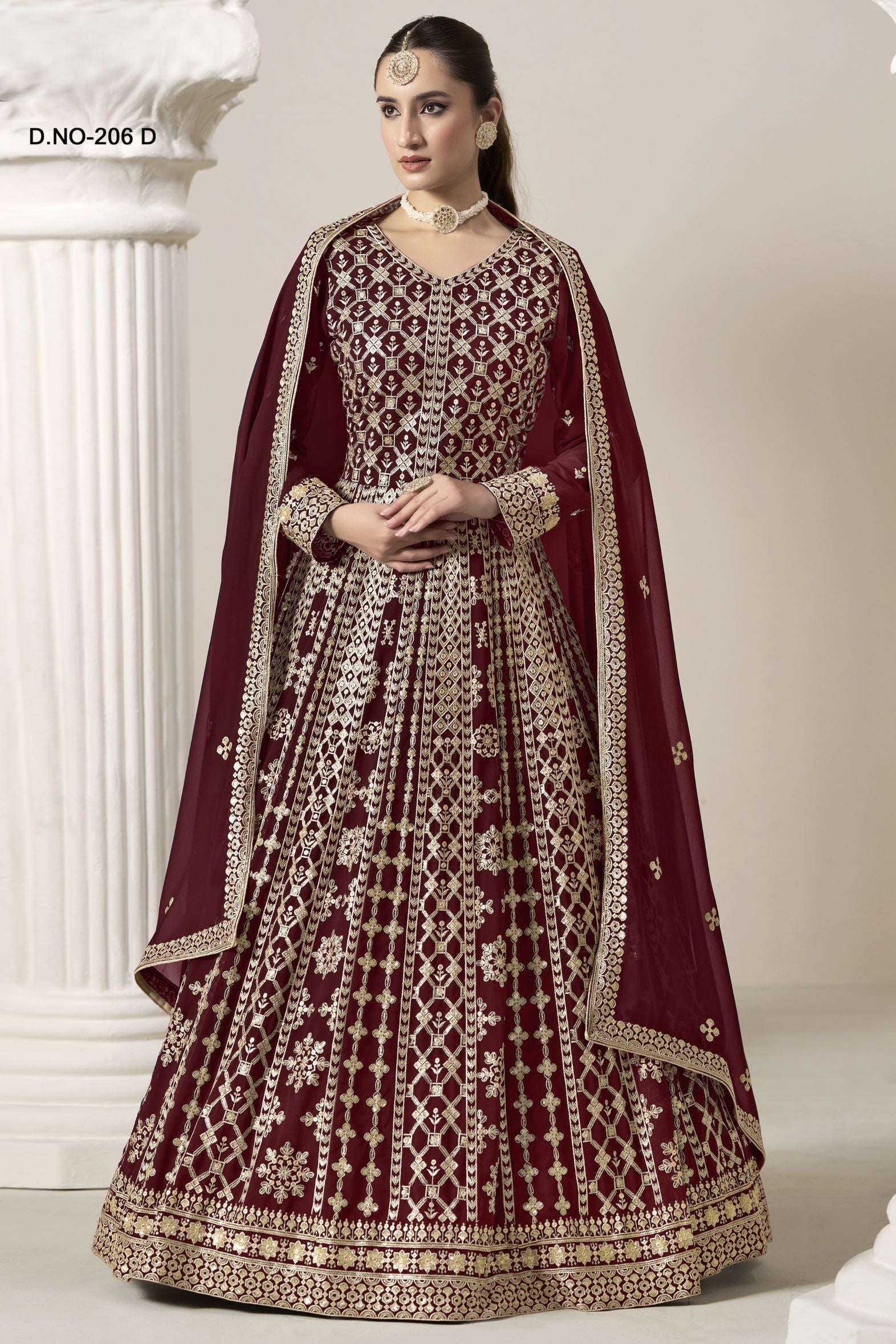 Maroon Georgette Anarkali Suit For Indian & Pakistani Wedding Festival - Embroidery Work