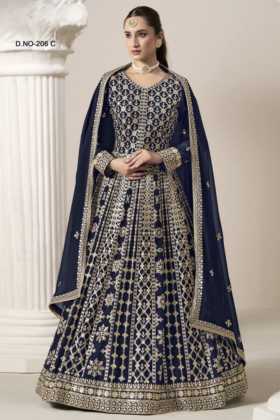 Navy Blue Georgette Anarkali Suit For Indian & Pakistani Wedding Festival - Embroidery Work