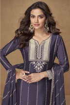 Purple Chinon Silk Plazo Suit For Indian & Pakistani Wedding Festival - Thread Embroidery Work