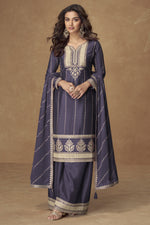 Purple Chinon Silk Plazo Suit For Indian & Pakistani Wedding Festival - Thread Embroidery Work