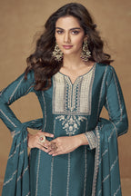 Teal Chinon Silk Plazo Suit For Indian & Pakistani Wedding Festival - Thread Embroidery Work